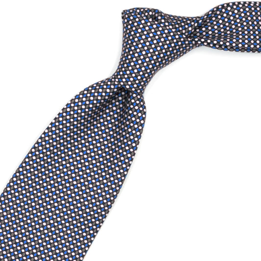 Brown tie with blue, beige and cream geometric pattern