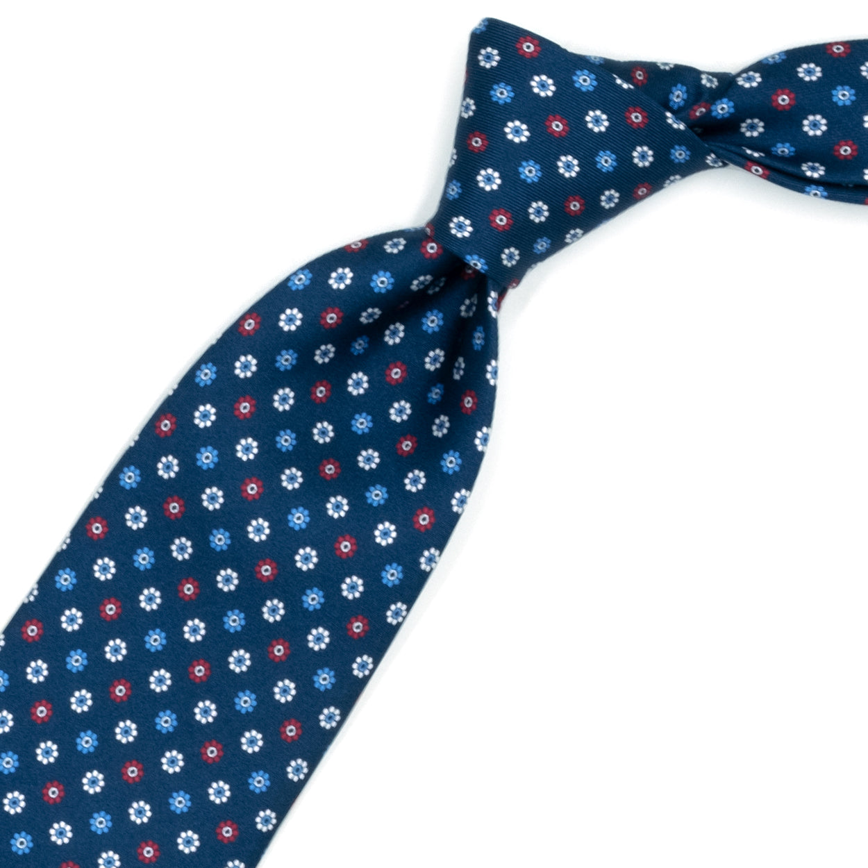 Blue tie with white, red and blue flowers