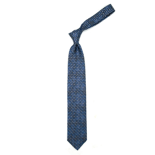 Blue tie with white abstract pattern