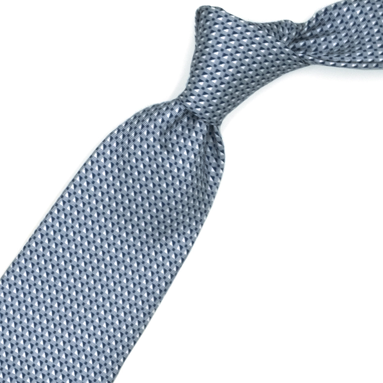 Grey tie with blue and white geometric pattern