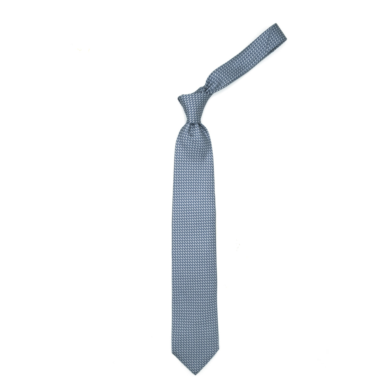 Grey tie with blue and white geometric pattern