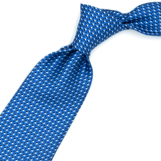 Blue tie with blue and white geometric pattern