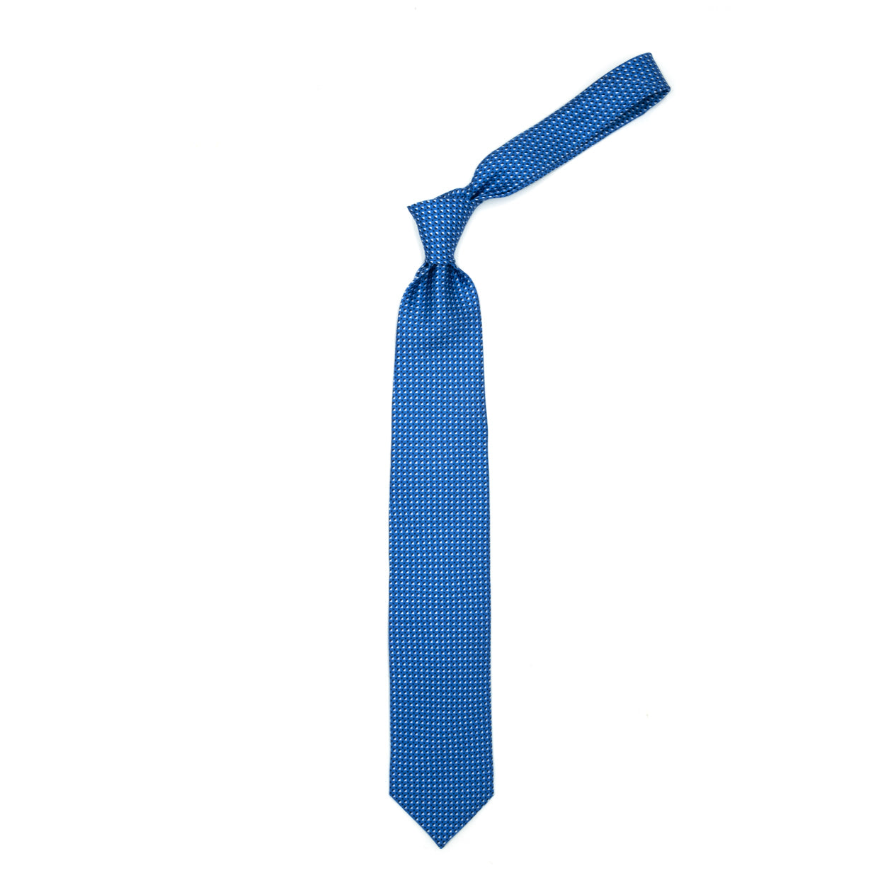 Blue tie with blue and white geometric pattern