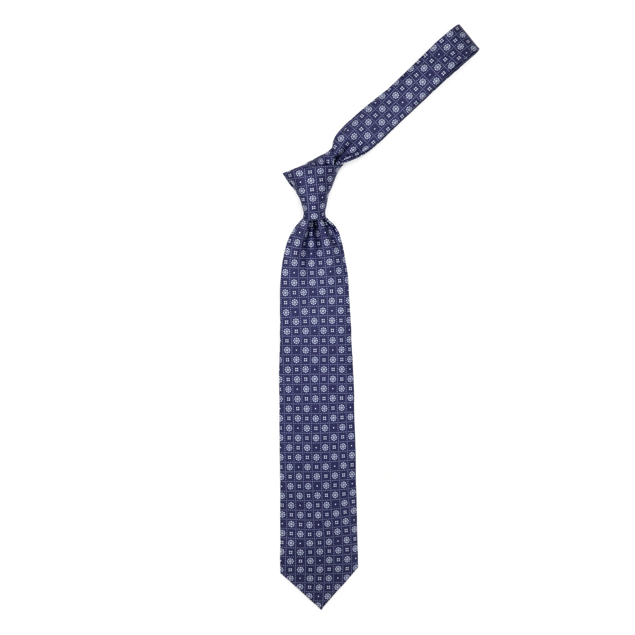 Blue tie with little flowers, squares and white dots
