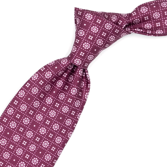 Red tie with little flowers, squares and white dots