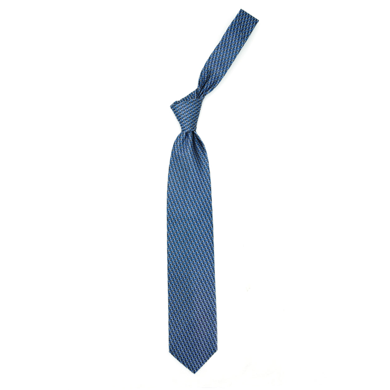 Light blue tie with blue, light blue and white geometric pattern