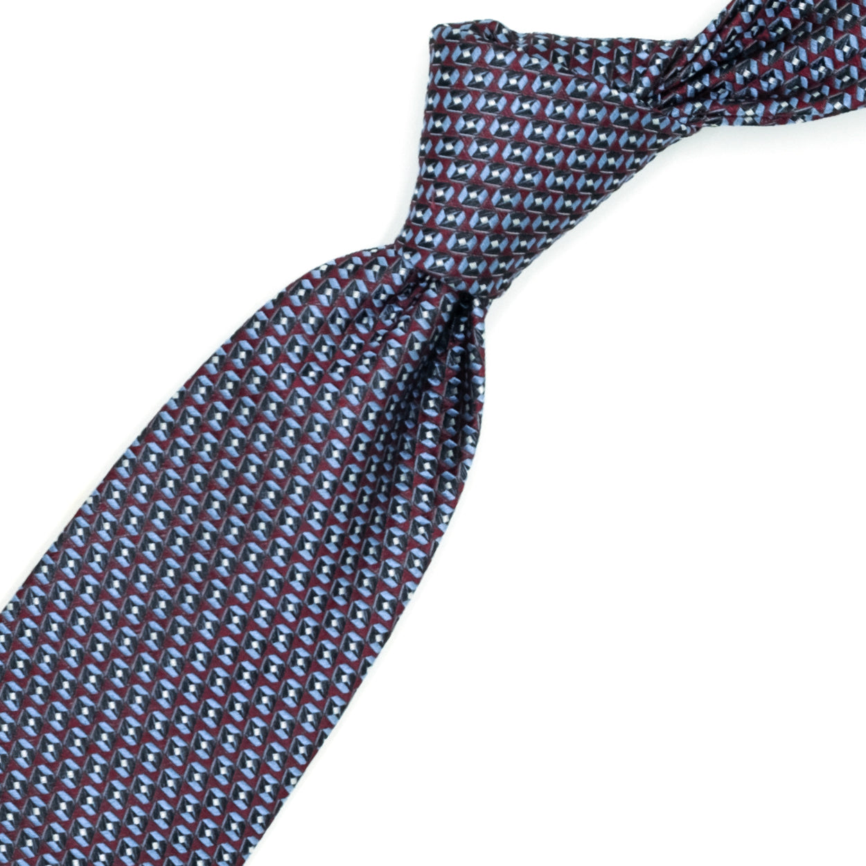 Bordeaux tie with blue, light blue and white geometric pattern
