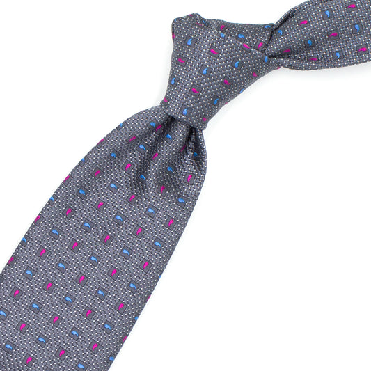 Gray tie with fuchsia and light blue paisley pattern