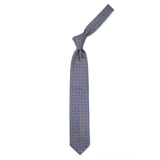Gray tie with fuchsia and light blue paisley pattern