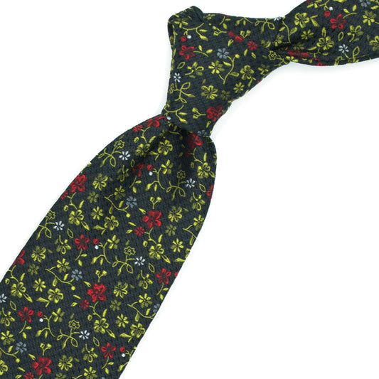 Gray tie with red, yellow and white flowers