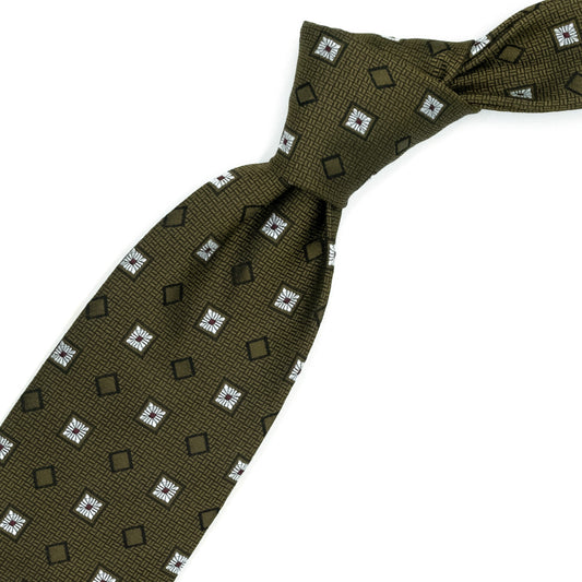 Brown tie with white flowers and tone-on-tone squares