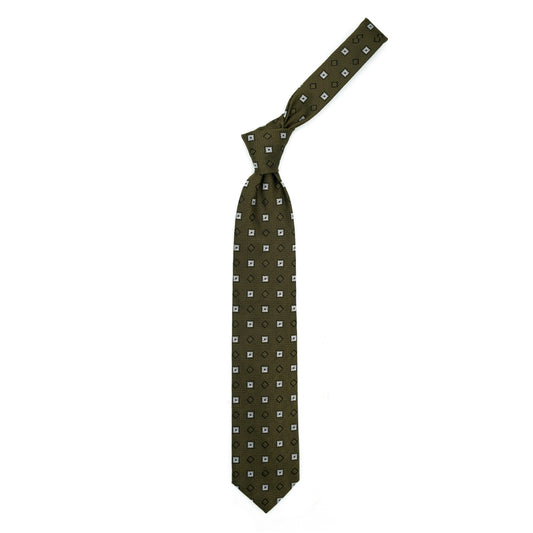 Brown tie with white flowers and tone-on-tone squares