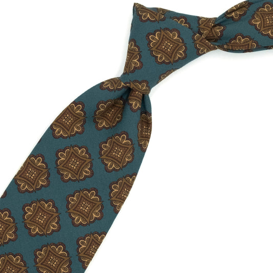 Petrol green tie with brown, beige and burgundy medallions
