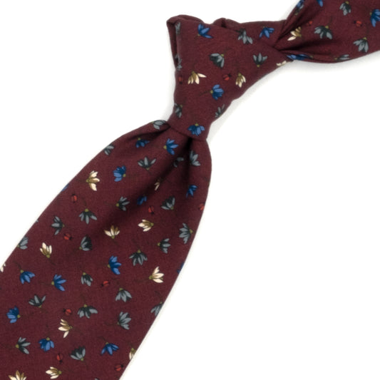 Bordeaux tie with blue, beige and gray flowers