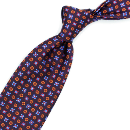 Burgundy tie with red, blue and orange flowers