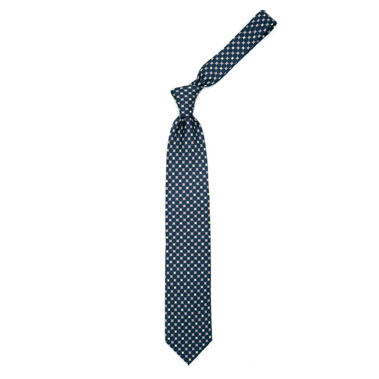 Blue tie with blue, yellow and red geometric pattern