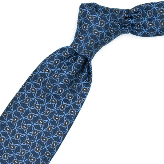 Blue tie with blue circles and brown paisleys