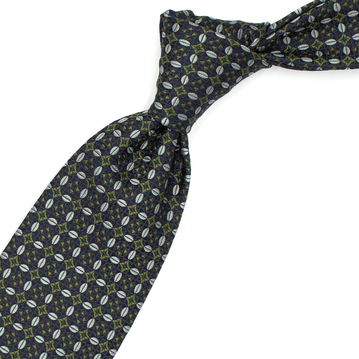 Blue tie with gray and green abstract pattern