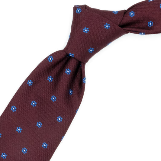 Bordeaux tie with blue flowers and blue dots