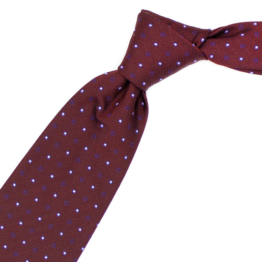 Bordeaux tie with blue circles and blue squares