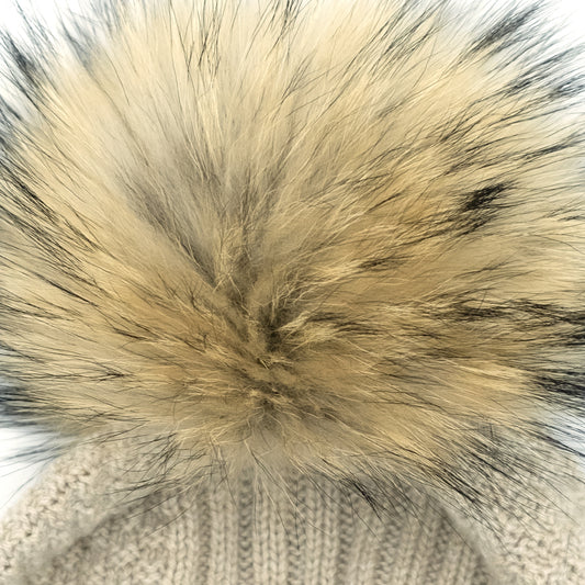 Women's beige 100% cashmere cap with fox pom-pom
