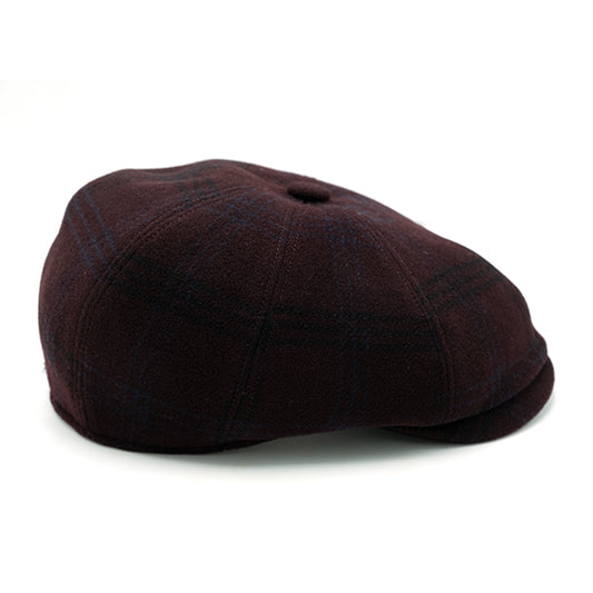 8-slice wool cap with burgundy tartan pattern and Ulturale burgundy pattern silk inner lining
