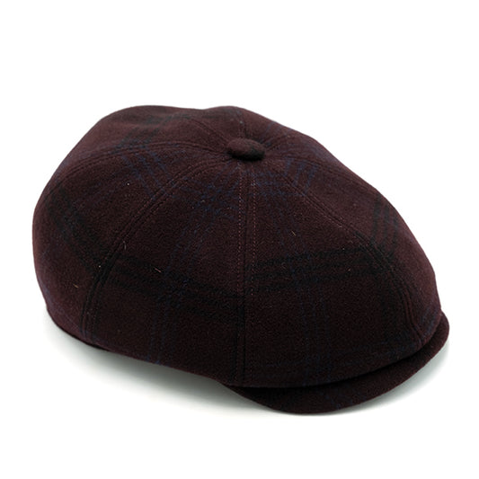8-slice wool cap with burgundy tartan pattern and Ulturale burgundy pattern silk inner lining