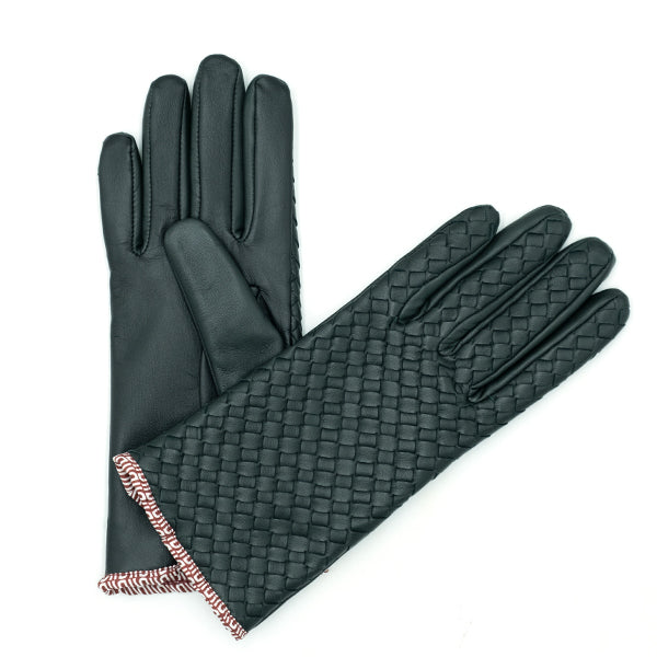 Two-tone green and black woven women's gloves with cashmere inside