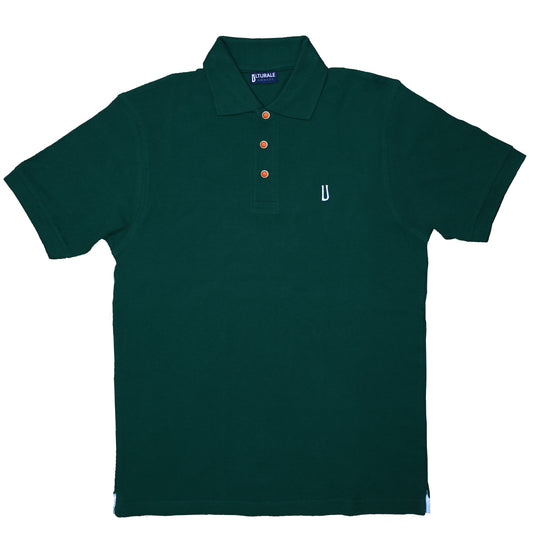 Green polo shirt with coral and silver buttons