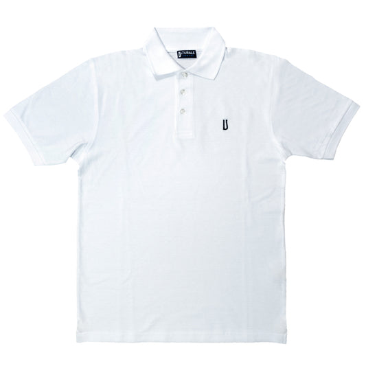 White polo shirt with blue Ulturale logo