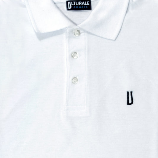 White polo shirt with blue Ulturale logo
