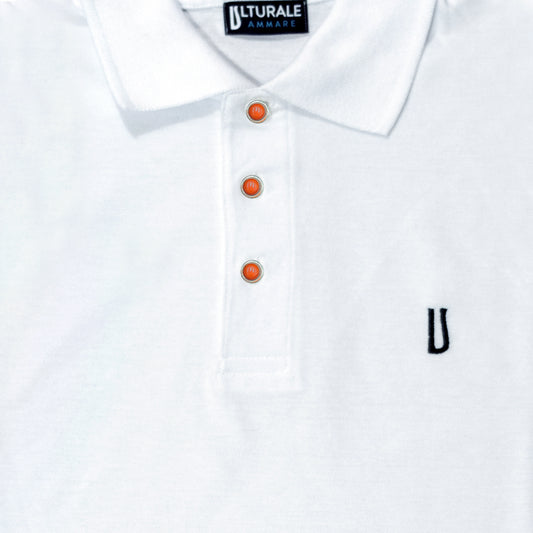 White polo shirt with coral and silver buttons
