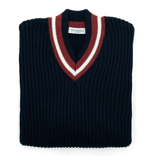 Blue English knit pullover with contrasting V-neckline